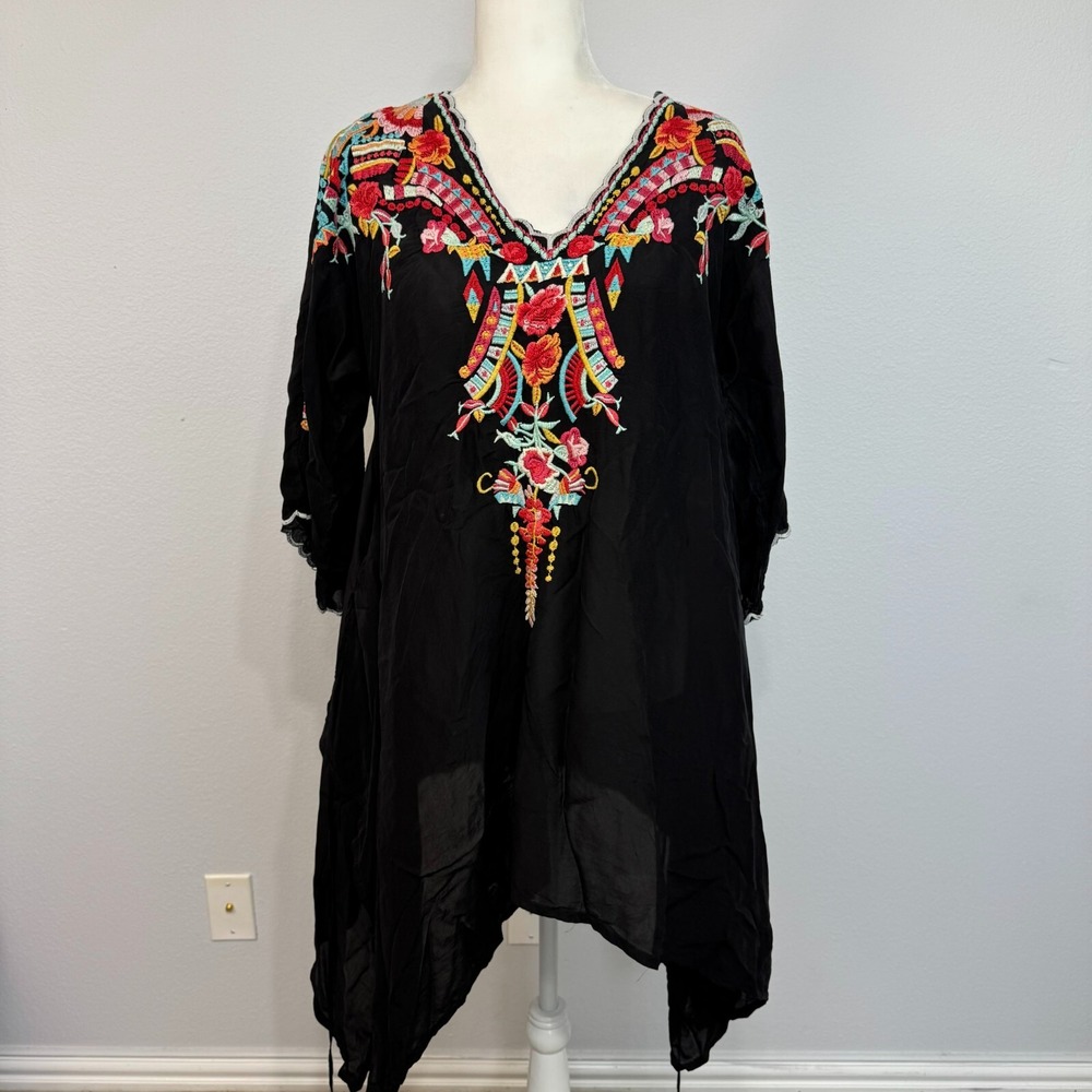 Johnny Was Wome's Kimono Cover Up Tunic Top Embroidered Boho Hippie Black Sz M